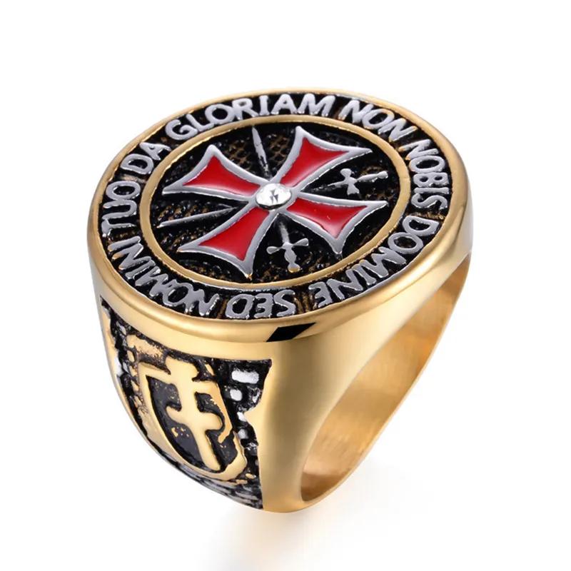 Anillos Dominantes de Caballeros Templarios para Hombres Color Plata Cruz Roja Incrustada Circonita Cúbica Anillo para Hombres Joyería Decoración