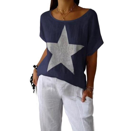 Dam Sommartoppar Kortärmad Rundhals T-shirt Hot Drill Stjärntryck Lös Passform Casual T-shirt Daglig Användning