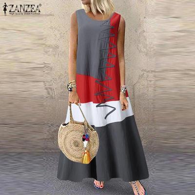 Langes Kleid aus Baumwolle mit Rundhalsausschnitt und ärmellosem Sommer-Vintage-Print für Damen