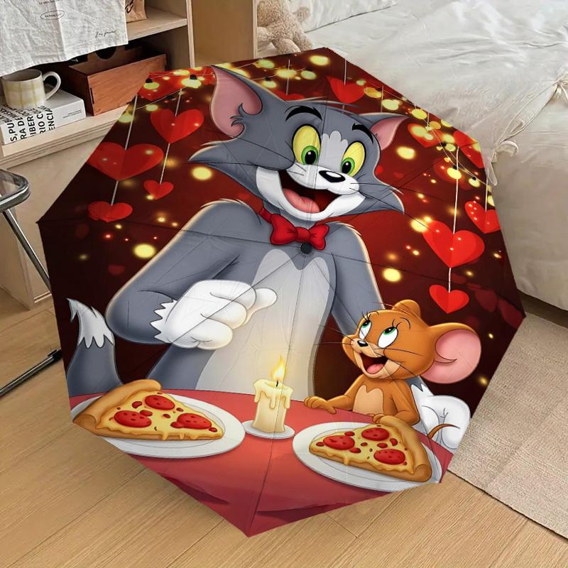 1pc Tom and Jerry Pizza Automatic Open/Close Umbrella Compact Folding Umbrella with 8-Rib Shaft Lightweight Esign, for Women/Men1129A