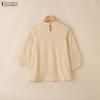 ZANZEA Women Casual Round Neck Solid Color 3/4 Sleeve Blouse