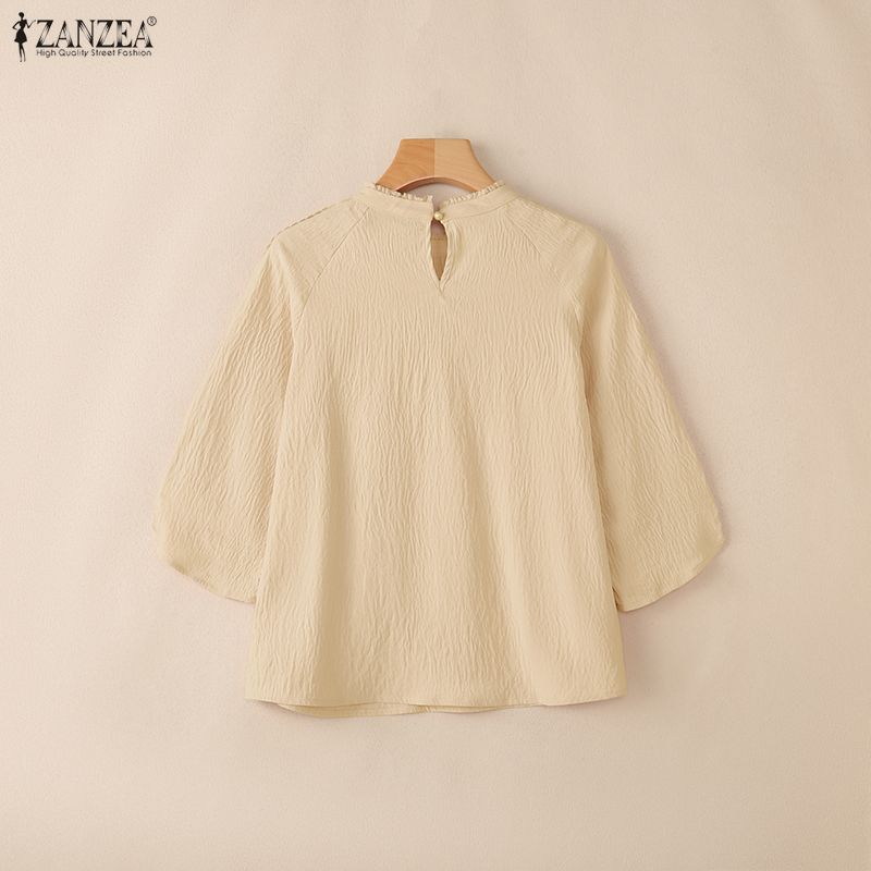 ZANZEA Women Casual Round Neck Solid Color 3/4 Sleeve Blouse