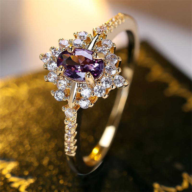 1 Buc Inel Floral cu Piatră Violetă Tăietură Ovală Culoare Aurie Verighetă Bijuterii pentru Ziua Îndrăgostiților