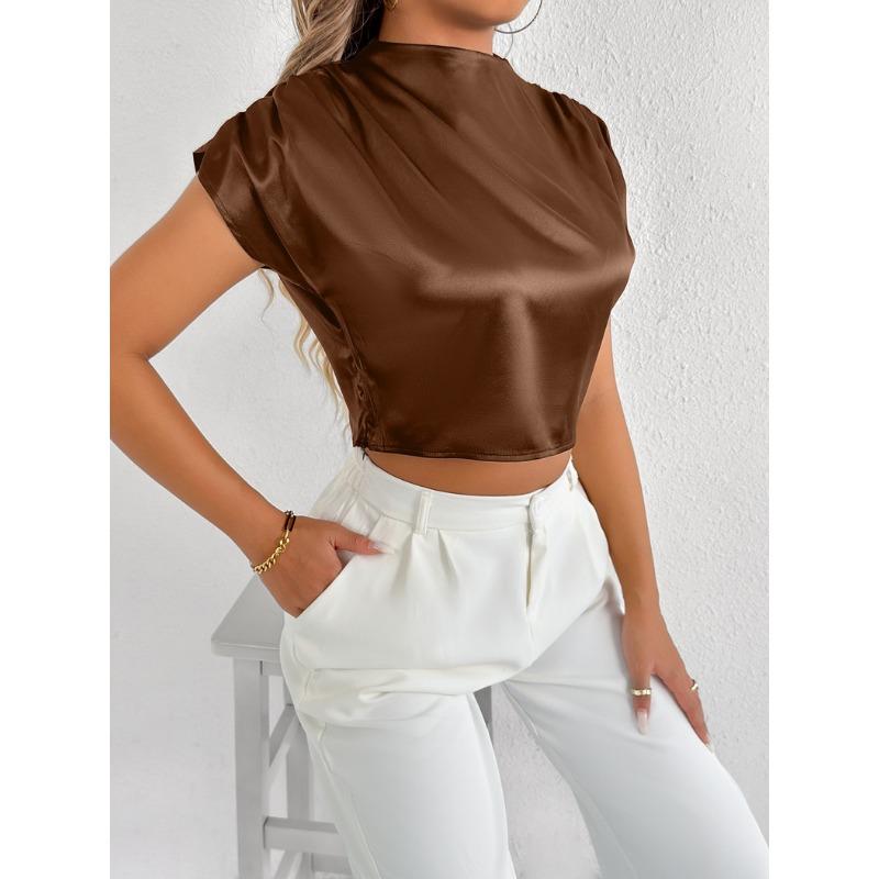 Women Brown Satin Mock Neck Ruched Cap Sleeve Cropped Blouse