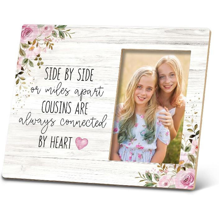 SRADMO Cousin Gifts: Side by Side or Miles Away Cous are Always Connect by Heart 10x8 inch Wooden Tabletop Photo Frame