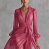 Spring 2026 Women's Elegant V-Neck Tie-Waist Chiffon Dress