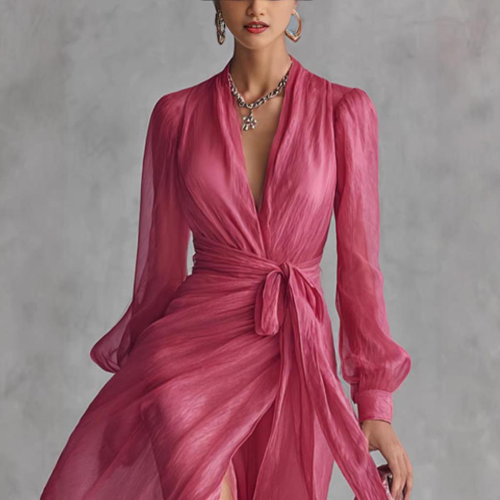 Spring 2026 Women's Elegant V-Neck Tie-Waist Chiffon Dress
