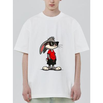 Crewneck T-Shirt White Bugs Bunny Cartoon Print Casual Wear for Men and Women Streetwear Fashion Summer Outfit