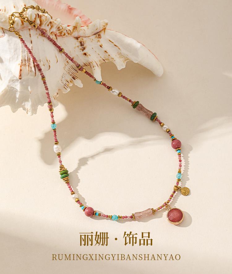 Summer Pink Sweet Girl Natural Colored Stone Beaded Necklace Handmade Niche Original Dopamine Temperament Girl Collarbone Chain