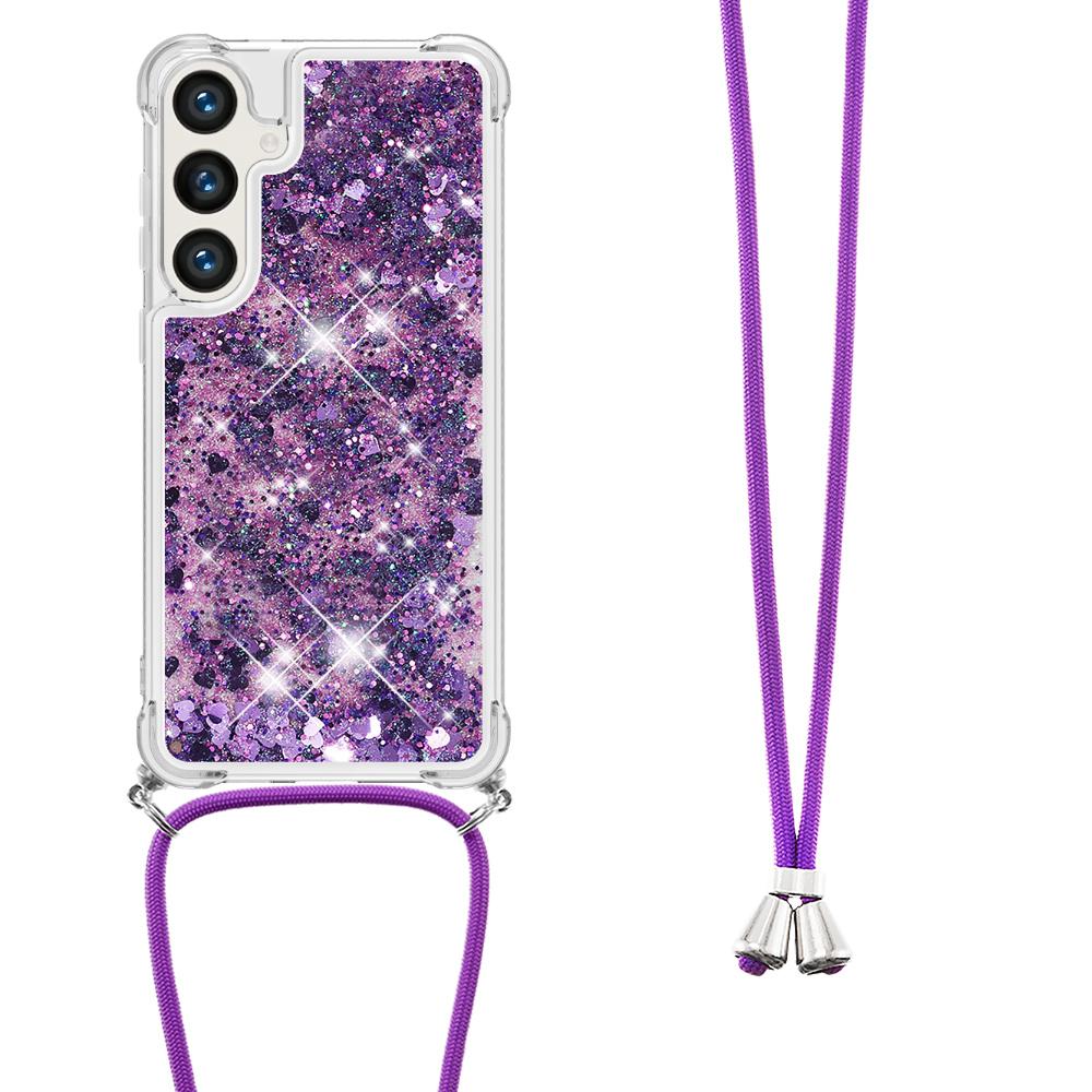 

For Samsung Galaxy S24+ TPU Case Quicksand Design Phone Cover with Lanyard Silver/Hearts