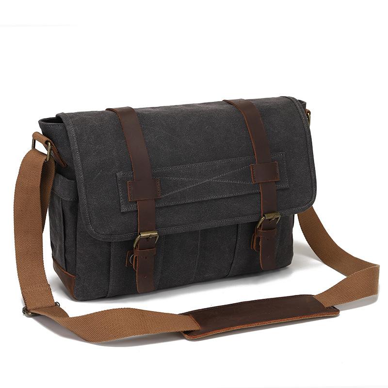 Canvas Skew Bag with Top Layer Leather Men's Camera Bag Waxed Vintage Shoulder Skew Back