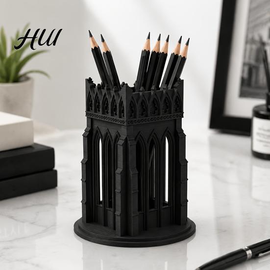 Makeup Brush Holder for Vanity Gothic Pen Holder, Cathedral Style 3D Printed Desk Organizer, Storage Cup Brushes, Pencils, Accessories Home