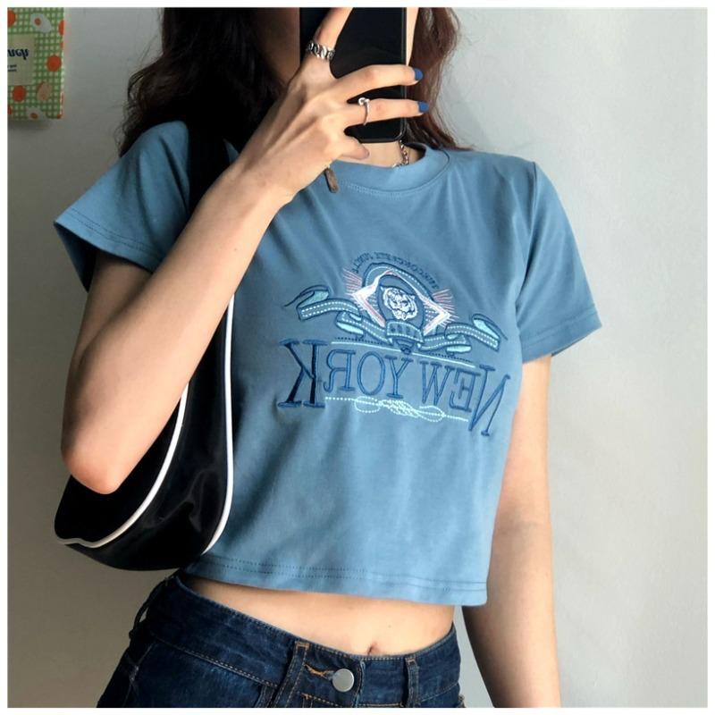 

Футболка с короткими рукавами для женщин, летняя, новая, корейская, супер популярная, в стиле Хёна, короткая, вышитая, студенческая, облегающая XL синий