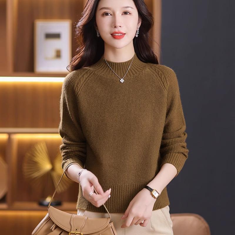 

Новый осенне-зимний вязаный свитер для женщин, полувысокий воротник, свободный крой, однотонный теплый вязаный базовый свитер one size верблюжий коричневого