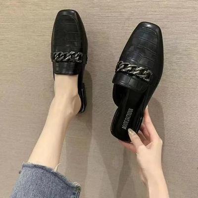 Chinelos grandes femininos, sapatos muller externos, primavera/verão, Baotou, meio chinelo, versátil, cabeça quadrada, sandálias de salto baixo femininas