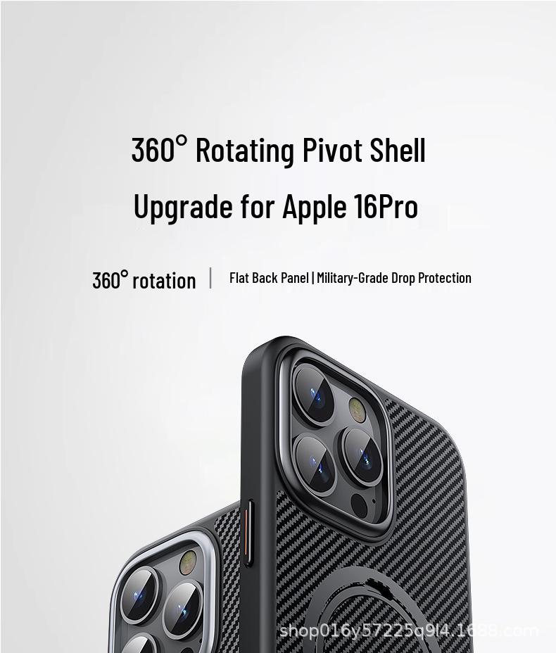 Apple 16 Pro Max Carbon Fiber Magnetic Case with Double Ring & 360° Rotating Stand