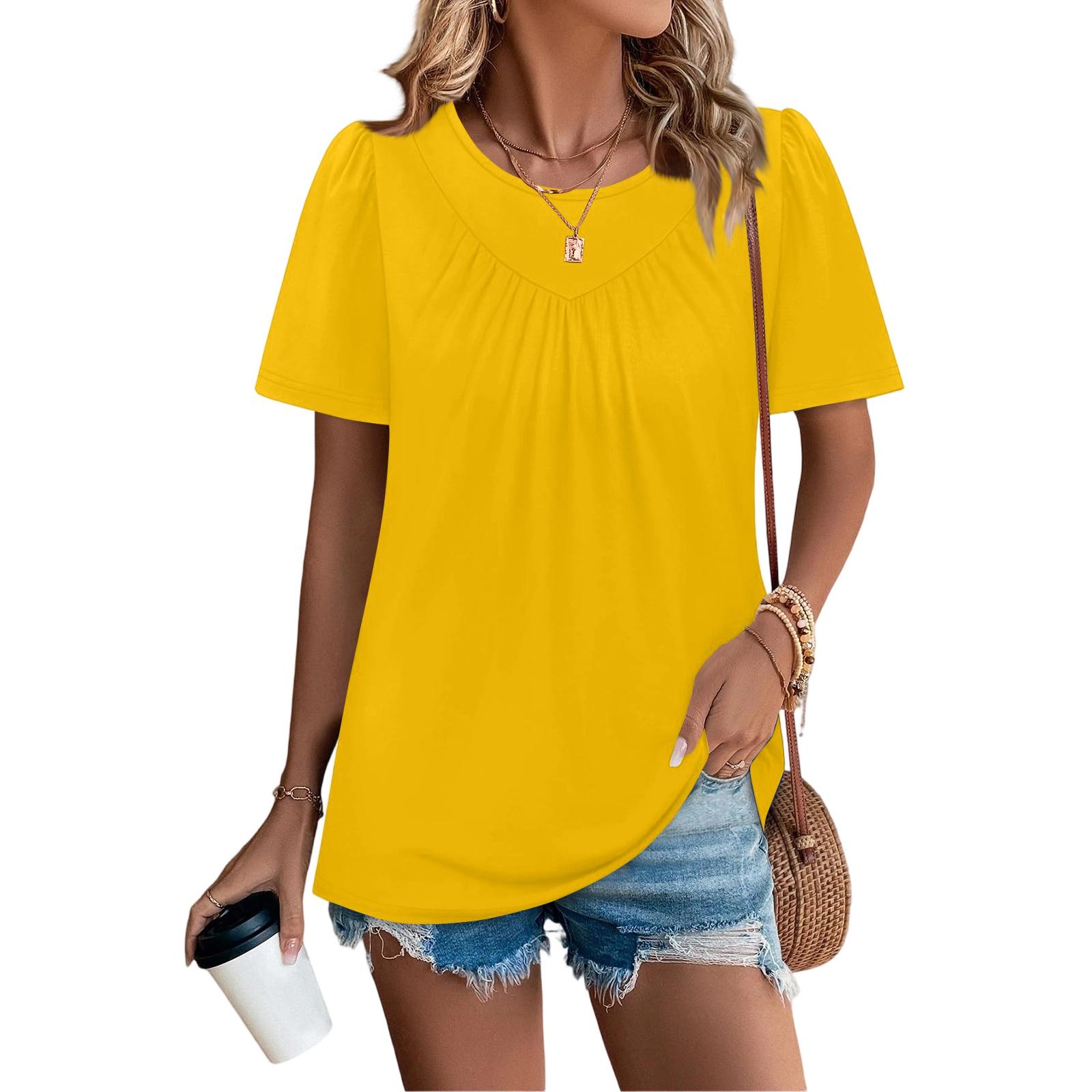 

Women s Casual Fashion Round Neck Solid Color Pleated Short Sleeve T-shirt Top XL жовтий
