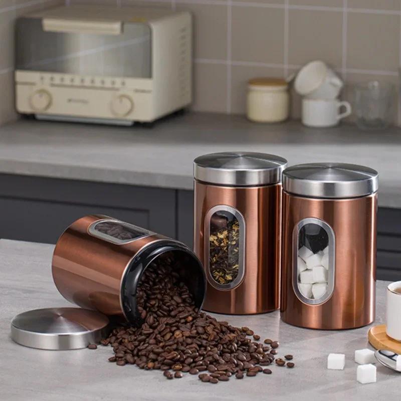 1/3Pcs Coffee Canister Stainless Steel Food Storage Jars with Visual Window Kitchen Storage Coffee Bean Tea-leaf Sealed Cans