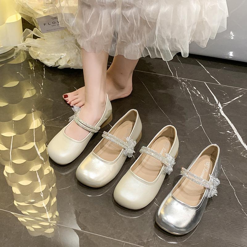 2025 Spring New Fairy Wind Round Head Rhinestone Bow Single Shoes Women's Korean Version Shallow Mouth Mary Jane with Skirt Women's Shoes