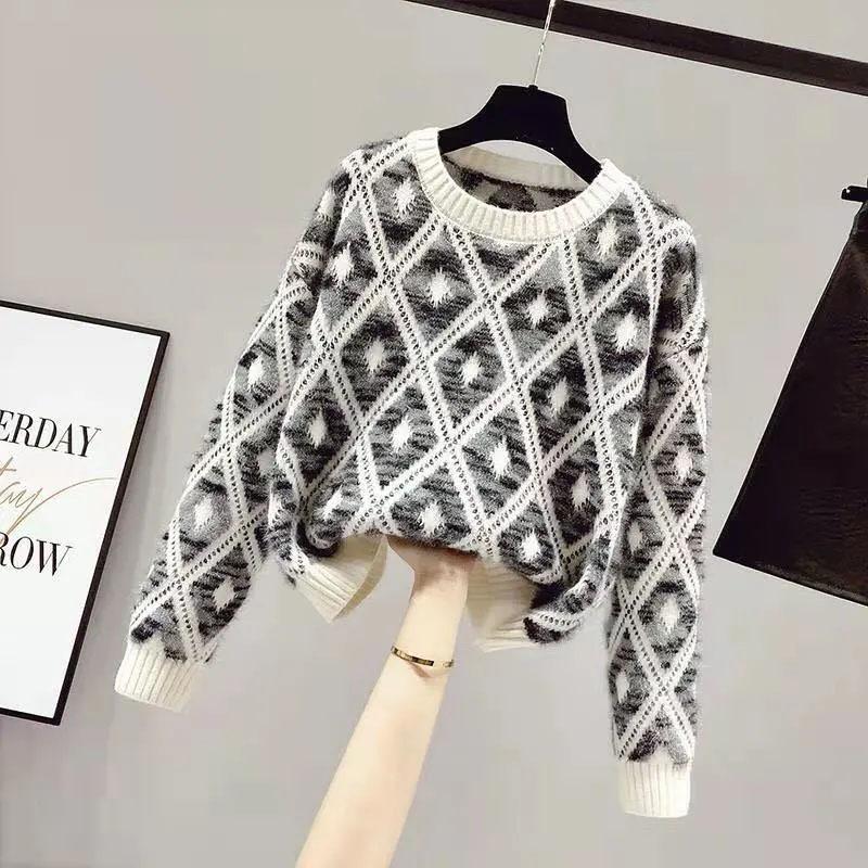 Sweater Wome Autumn Winter Thickened Warm Knitted Stretchy Long-Sleeve Oversized Top
