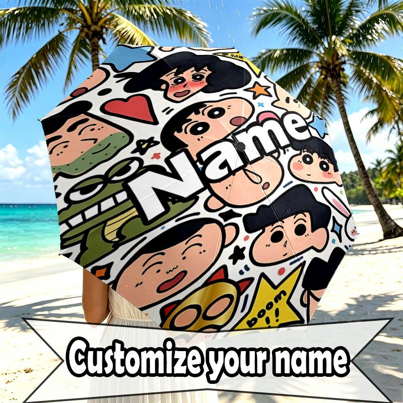 Custom Name Personalized Crayon Shin Print Umbrella, Auto Open Close, 8‑Rib Sturdy Frame, Commute Camping Hiking Use, Birthday Gift