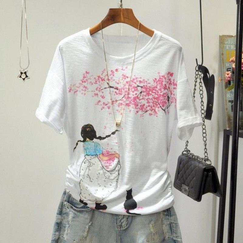 Womens Casual Cartoon Print Round Neck Short Sleeve T-Shirt M