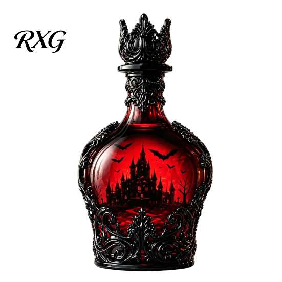 Pogrubiona Butelka do Whisky 1200ML Halloweenowa Butelka z Zamkiem Nietoperza, 320ML Vintage Gotycki Szklany Kieliszek Tematyczny Wino, Dekoracyjny Karafka Dekanter na Likier dla A black