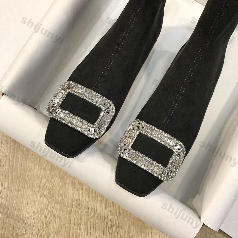 Women's Square Buckle Rhinestone Elastic Socks Boots Women Autumn Winter Suede Square Toe Thick Heel Ankle Boots Zapatos Mujer