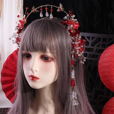 Exquisite Chinese Style Bride Tiaras Luxury Flower Bride Headdress Tassel Gem Wedding Hairband Hair Accessories