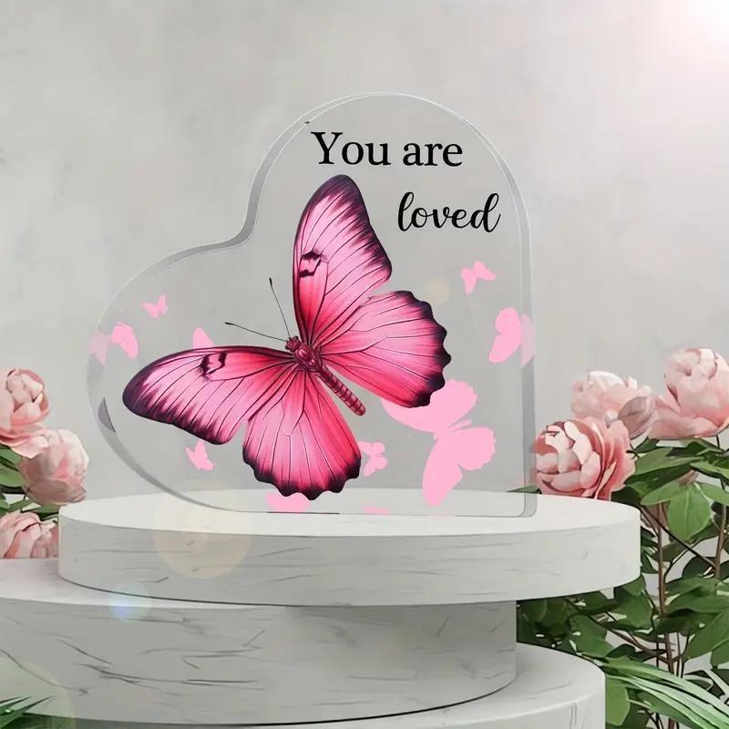 "You Are Loved" Butterfly Heart Acrylic Plaque - Pink Butterfly Design, Keepsake for Home or Office Decor, Perfect Birthday, Holiday, or Party Gif