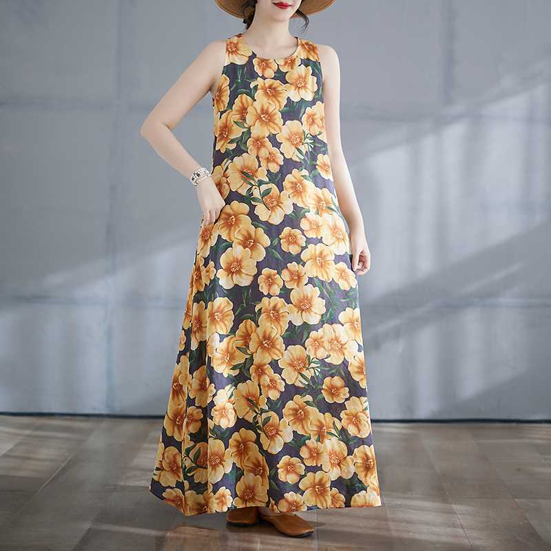Women's Long Skirt Summer New Round Neck Printed Dress
