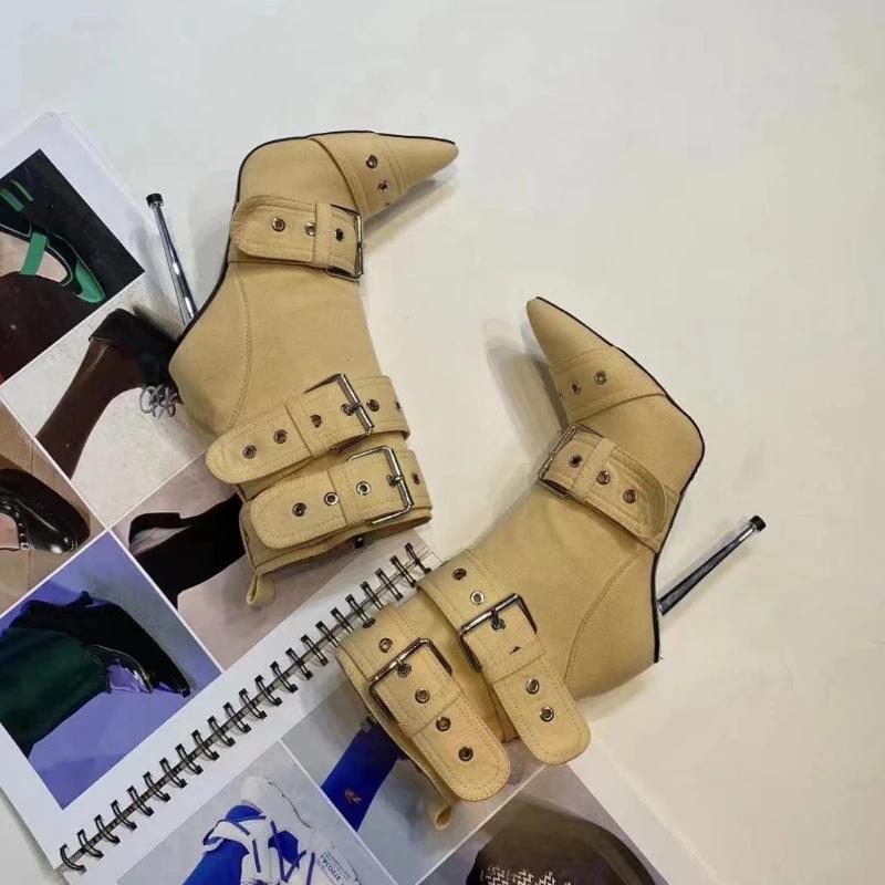 Mode Denim Metallnieten Gürtelschnalle Silber Schwarz Kurze Stiefel Damen Sexy Punk Stil Spitz 12cm Hochhackige Halbwadenstiefel Größe 34-43