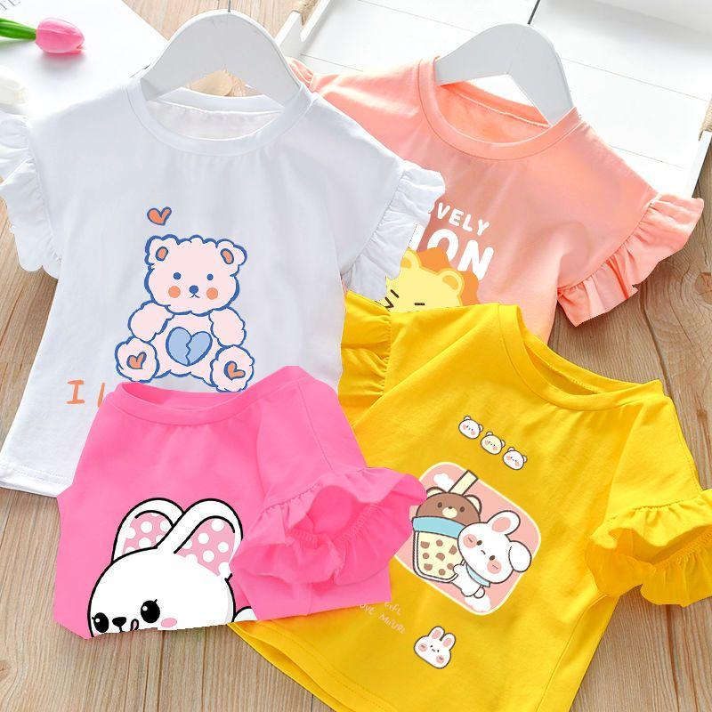 Round Neck Cute Printed Top New Summer Girl Baby Short Sleeved T-shirt Ruffled Bottom Shirt