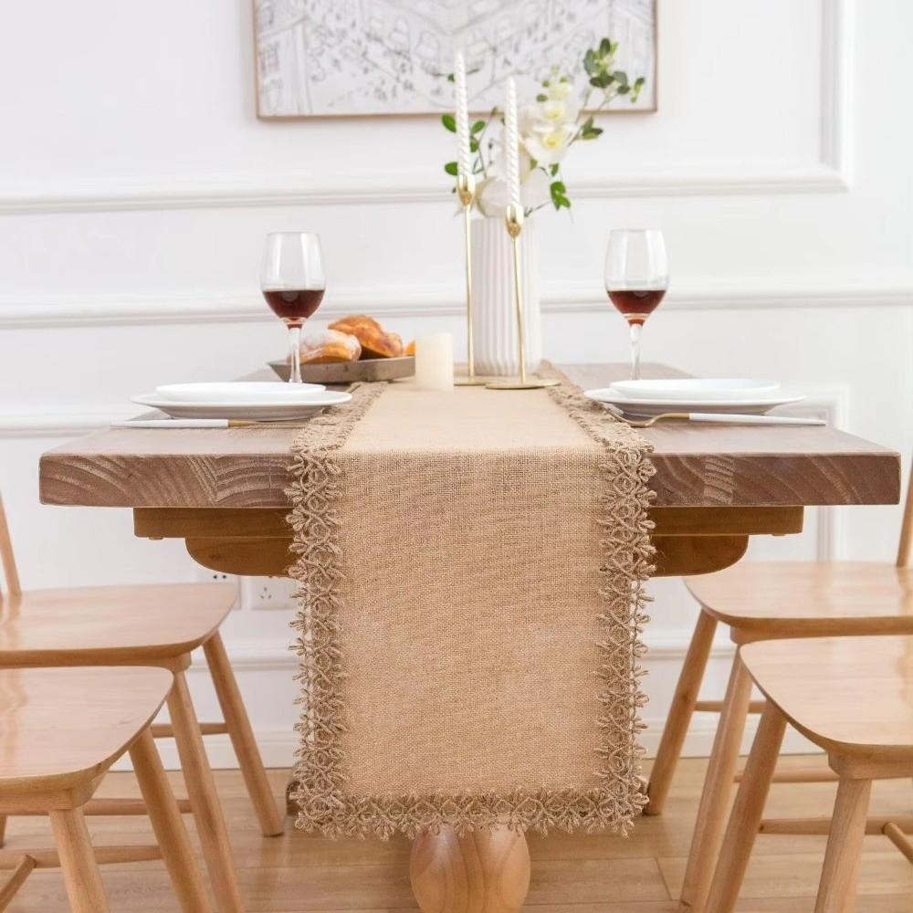 Macrame Edges Burlap Table Runner Jute Macrame Table Runner Machine Wash or Brush Wedding Party