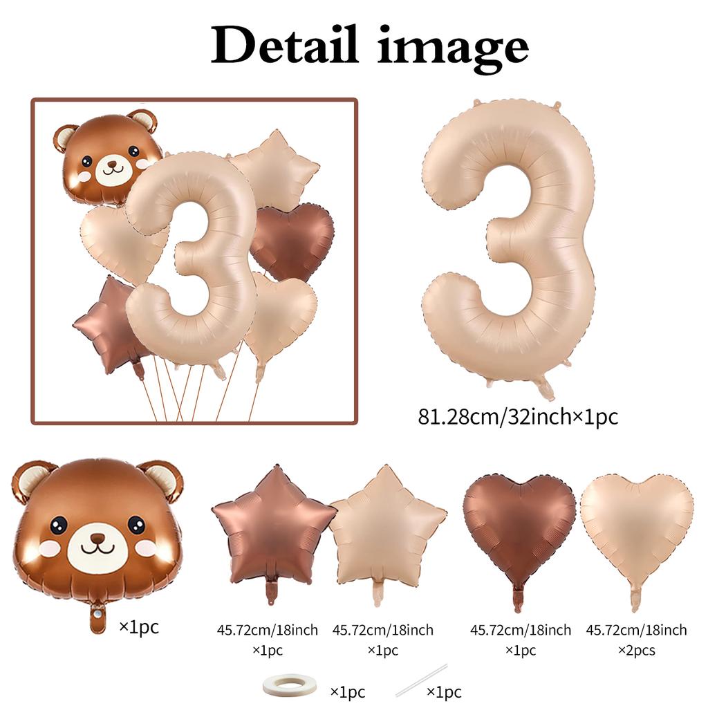 7pcs Cute Bear Balloon Set with 32 Inch Caramel Digital Aluminum Foil Balloon for Birthday Party Decoration Baby Shower Supplies
