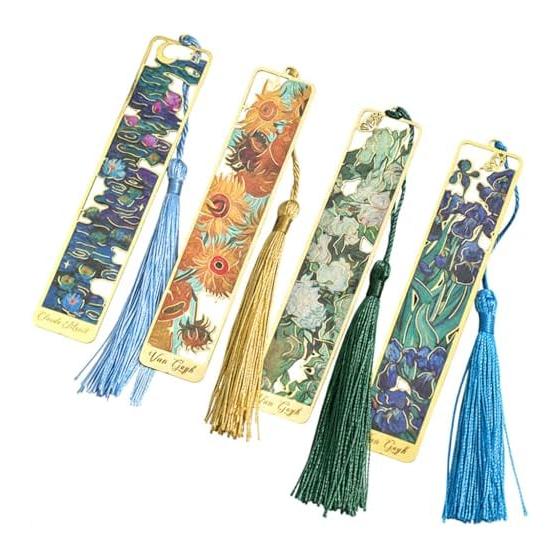 Moin Moin Bookmark Set - 4 Art Masterpieces by Van Gogh & Monet (Water Lilies/Sunflowers/White Roses/Irises) - Metal, Gold, Laser Cut, Tassel, Retro