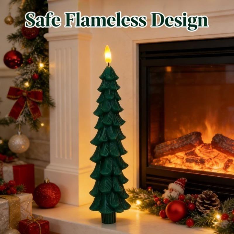 4/2pcs Christmas Tree LED Flameless Candles Light with 3D Flame Wick Green LED Candlesticks Operated for Christmas Home Decor