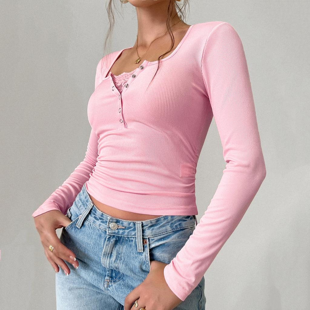 Women's Casual V-neck Buttoned Sexy Slim Ribbed Knit Long-sleeve Top