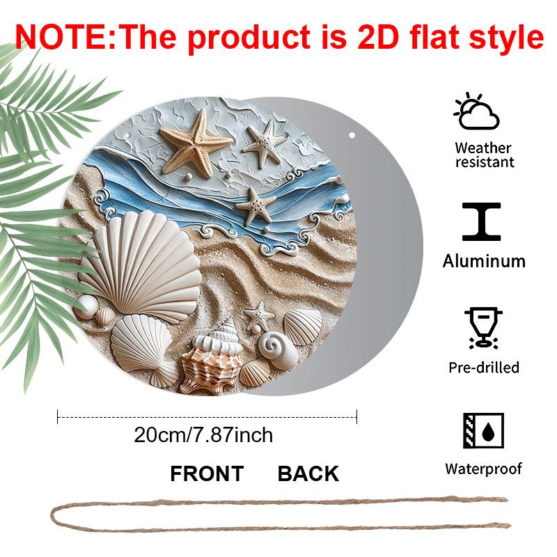 2D Flat, 1pc Round Aluminum Metal Sign Beach Starfish Shells Print Metal Sign, Waterproof & Rustproof, Perfect for Nautical Home, Beach House