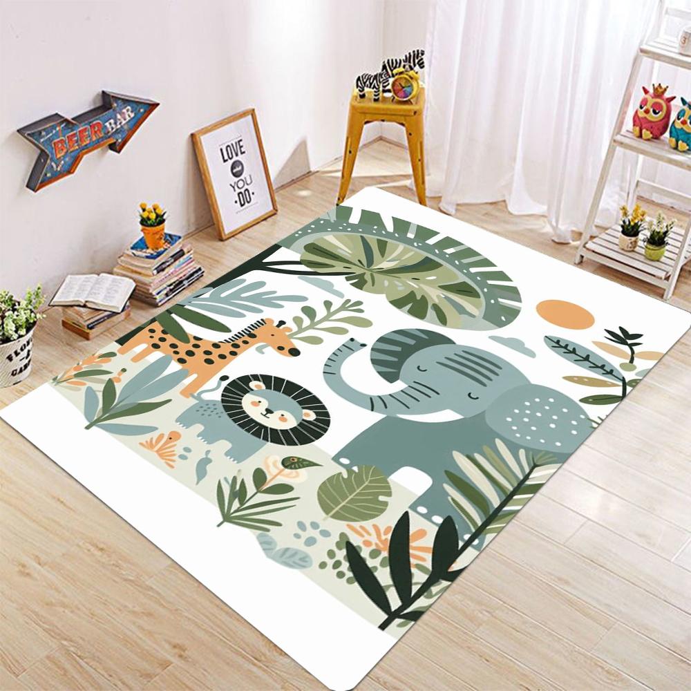 Rainbow Cute Animal Area Rug with Hippo Lion Giraffe Elephant Soft Fluffy Kids Playroom Decorative Carpet