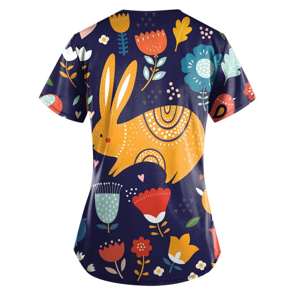 Women Fashion Easter Print V-neck Short Sleeve Workwear With Pockets Tops