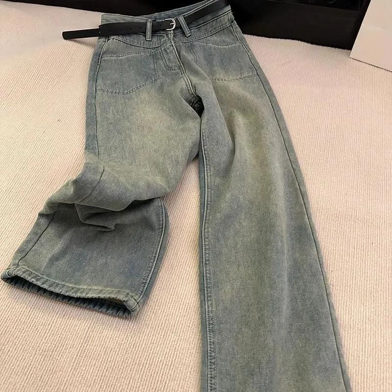Autumn and Winter American Retro Washed Thickened Plus Velvet Jeans, High Waist, Thin, Straight Loose Wide-leg Trousers