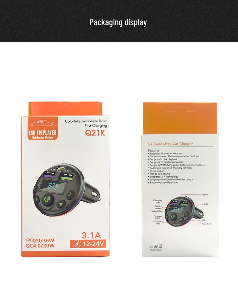 Q21 Bluetooth FM Transmitter mit Spiralkabel & QC3.0 PD20W Schnell-Autoladegerät