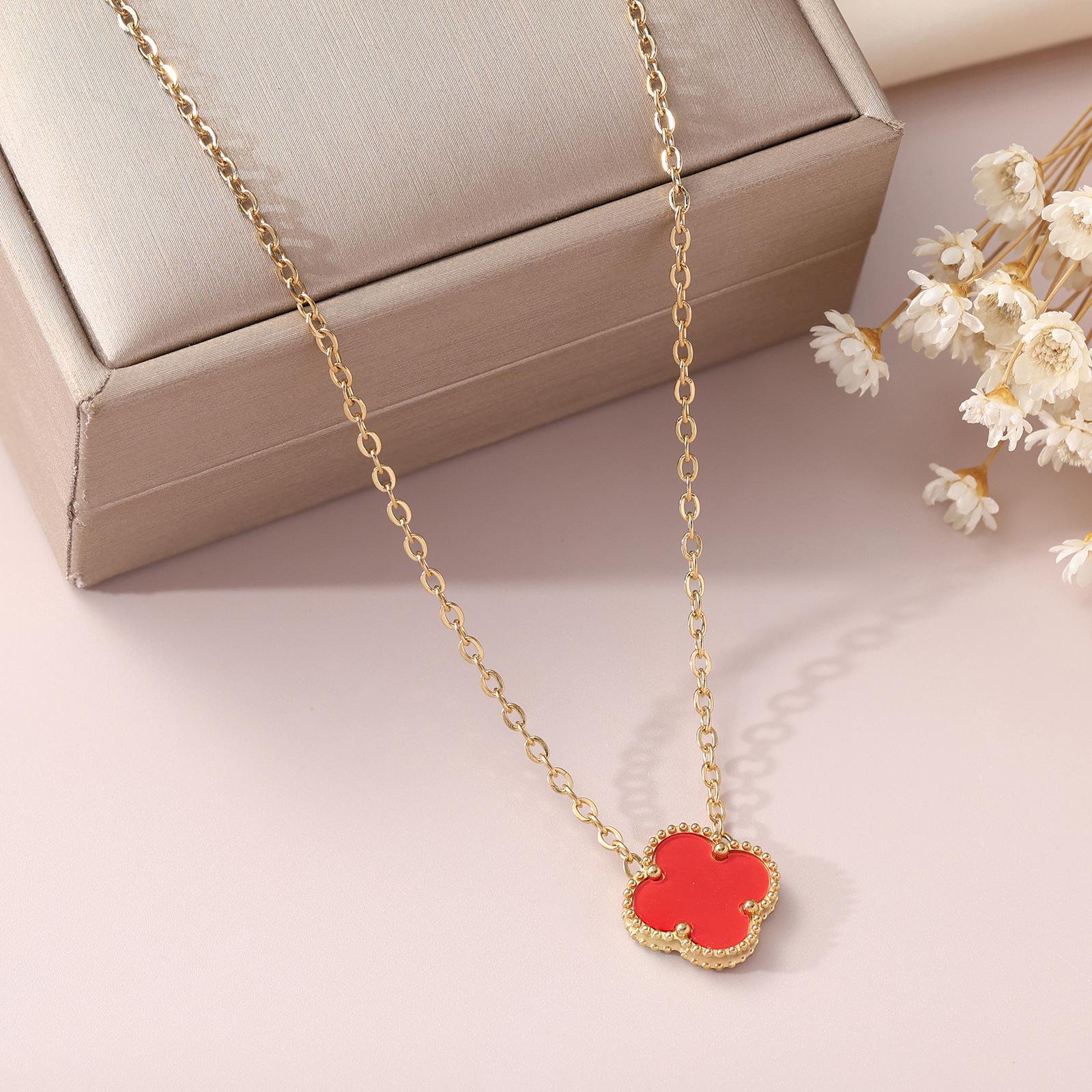 

15 мм двухстороннее ожерелье с четырьмя листочками клевера, кулон из титановой стали, простое модное ожерелье 18 карат, не теряет цвет 18K красный