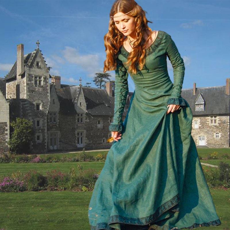 Medieval Retro Long-Sleeved Women's Dress: Party Costume for Stage Performance