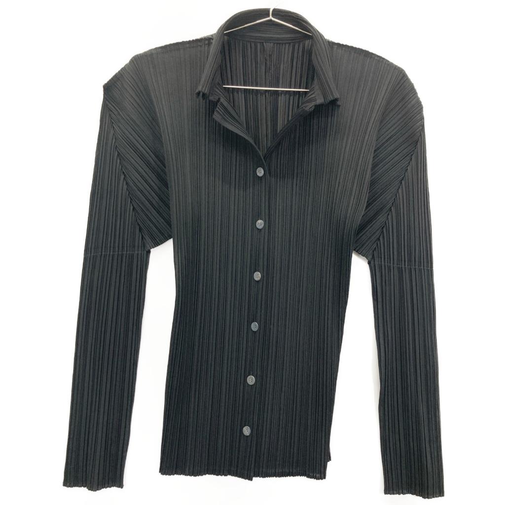 PLEATS PLEASE PP05-JJ001 Black Pleated Open Collar Shirt Tops 3 blackUsed