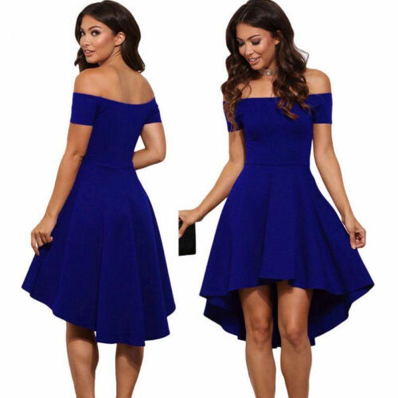 Elegant Women Short Sleeve Off Shoulder High Low Skater Cocktail Formal Dress