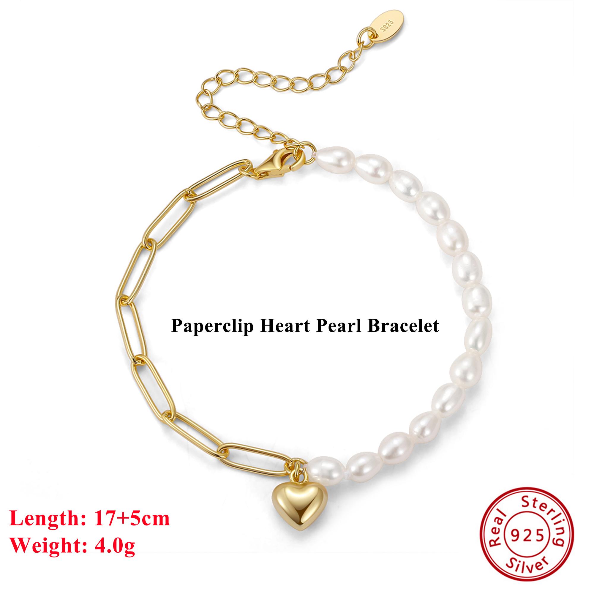EFFIE QUEEN 2026 Trend Necklace 14K Gold Opulent 925 Sterling Silver Heart Pendant Paperclip Chain with Stunning Pearls GPN33