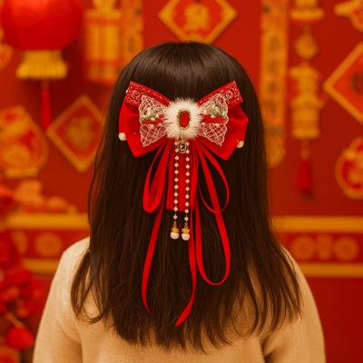 Red New Year Hairpin Tassel Hanfu Hair Ornamen Holiday Bow Ribbon Hair Clip  Festival