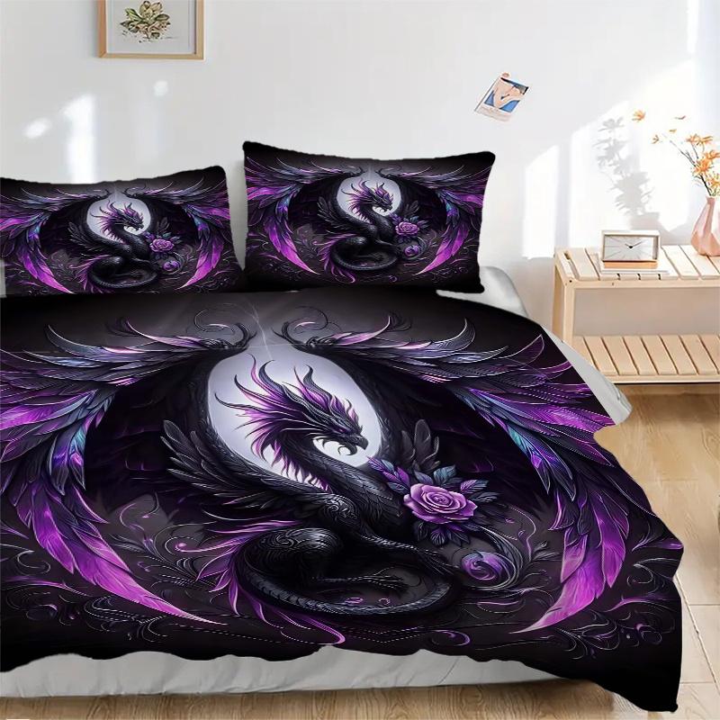 3pcs Purple and Black Dragon Print Cover Set Ultra Soft, Breathable, and Comfortable Bedding with Stylish Design for Bedroom and